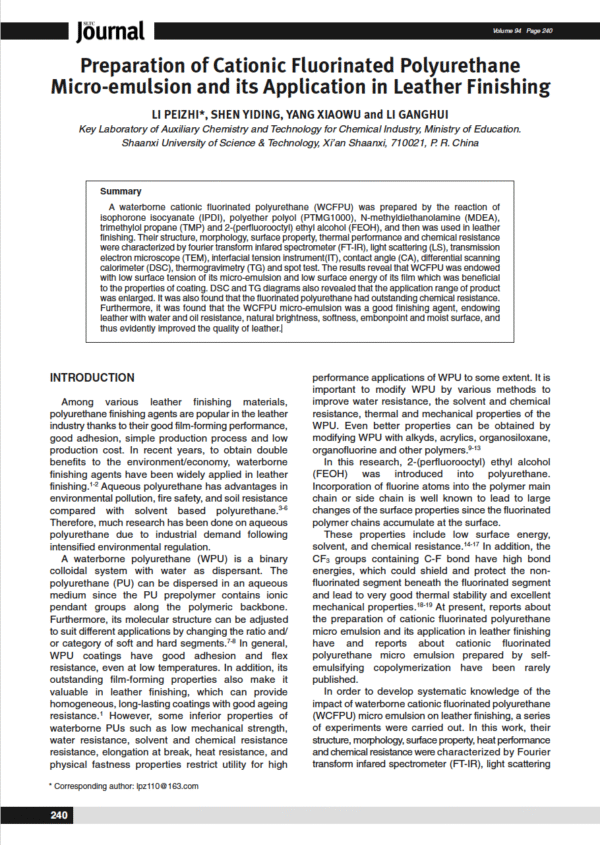 Preparation of Cationic Fluorinated Polyurethane Micro-emulsion and its Application in Leather Finishing