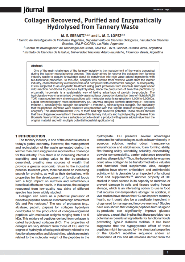 Collagen Recovered, Purified and Enzymatically Hydrolysed from Tannery Waste
