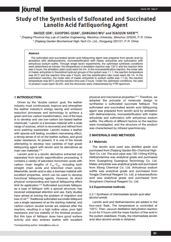 Study of the Synthesis of Sulfonated and Succinated Lanolin Acid Fatliquoring Agent