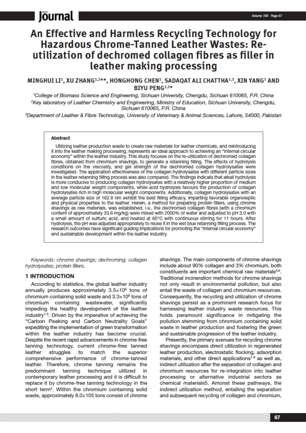 An Effective and Harmless Recycling Technology for Hazardous Chrome-Tanned Leather Wastes: Re-utilization of dechromed collagen fibres as filler in leather making processing