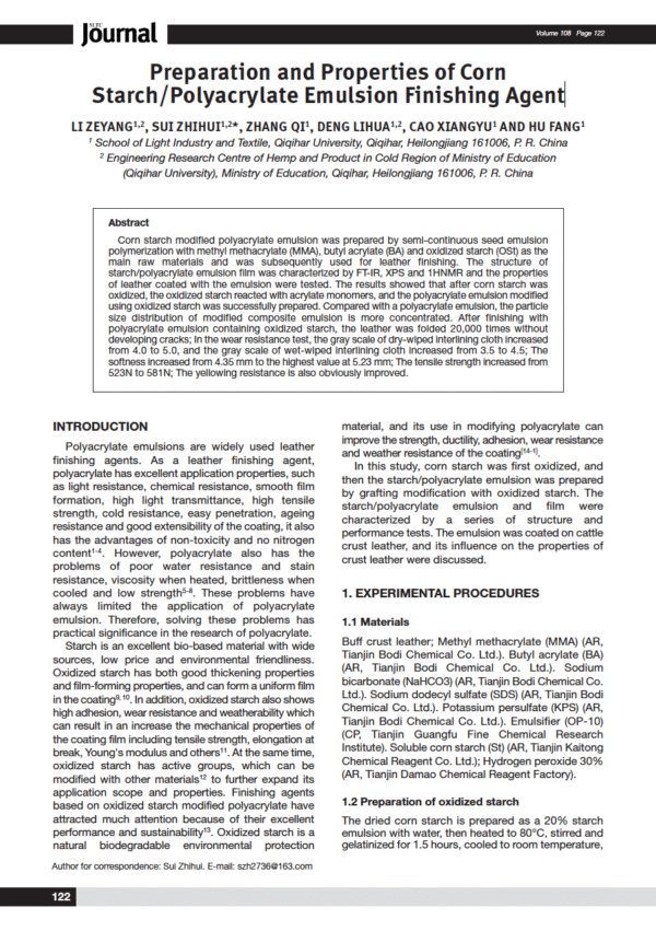 Preparation and Properties of Corn Starch/Polyacrylate Emulsion Finishing Agent