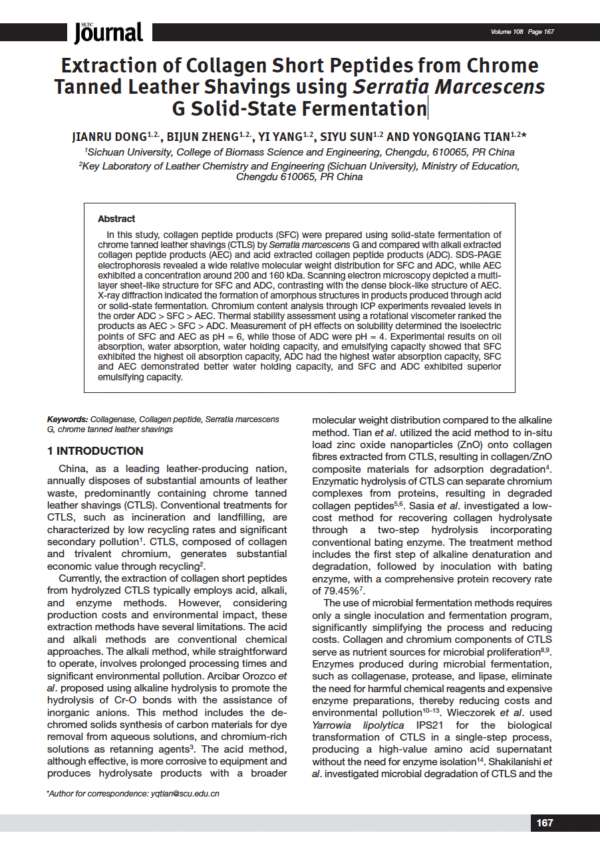 Extraction of Collagen Short Peptides from Chrome Tanned Leather Shavings using Serratia Marcescens G Solid-State Fermentation