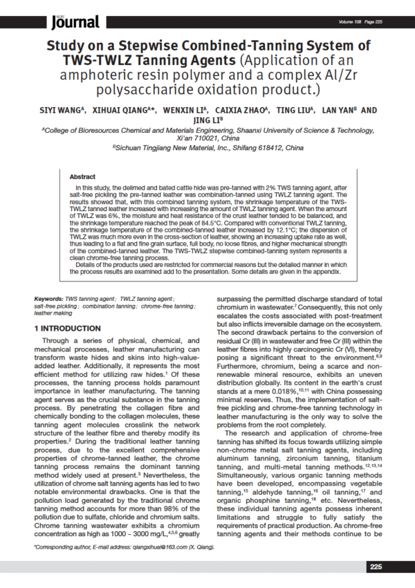 Study on a Stepwise Combined-Tanning System of TWS-TWLZ Tanning Agents (Application of an amphoteric resin polymer and a complex Al/Zr polysaccharide oxidation product.)