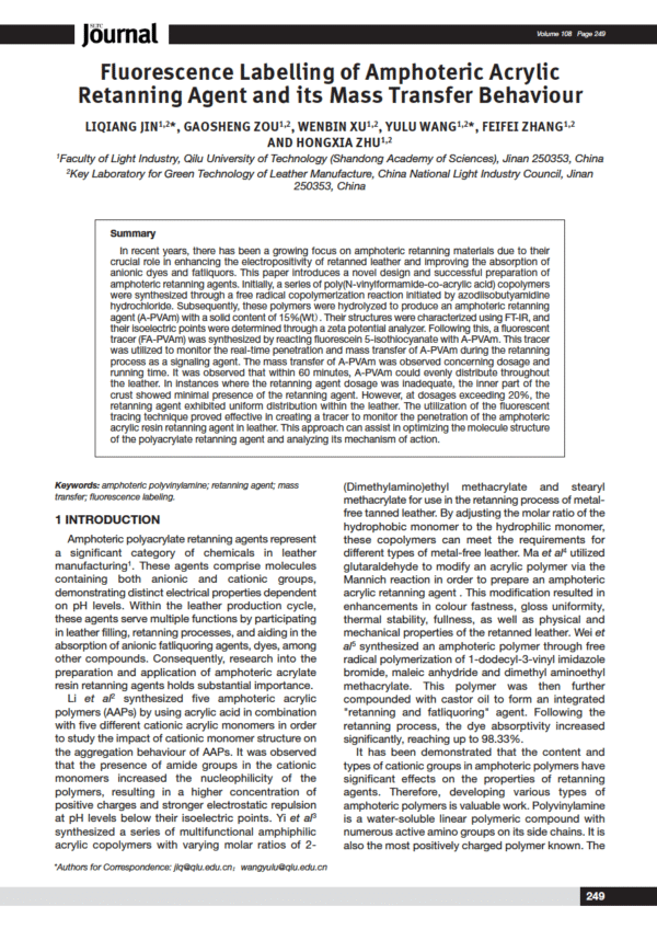 Fluorescence Labelling of Amphoteric Acrylic Retanning Agent and its Mass Transfer Behaviour