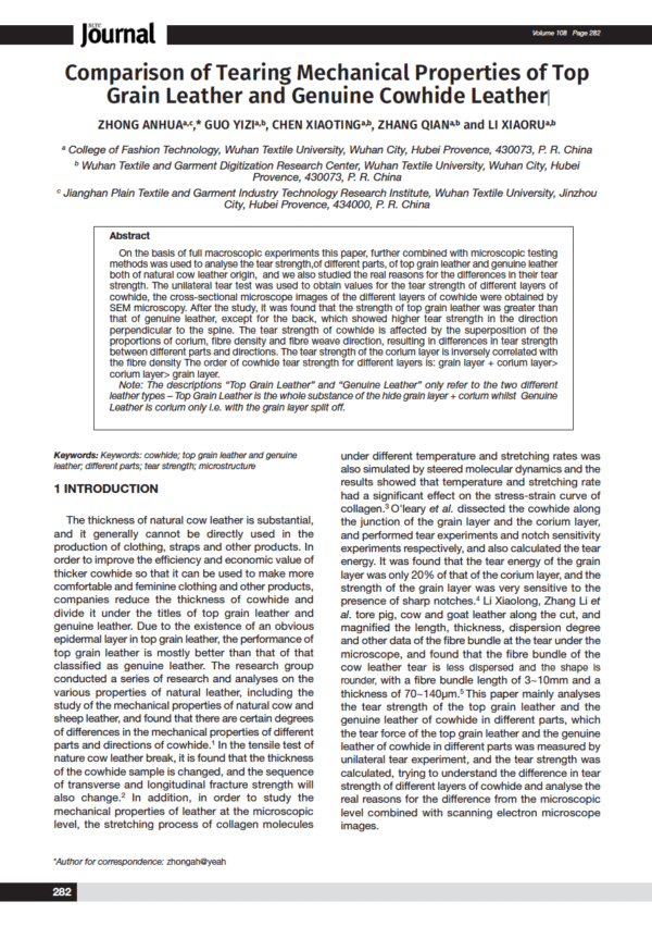 Comparison of Tearing Mechanical Properties of Top Grain Leather and Genuine Cowhide Leather