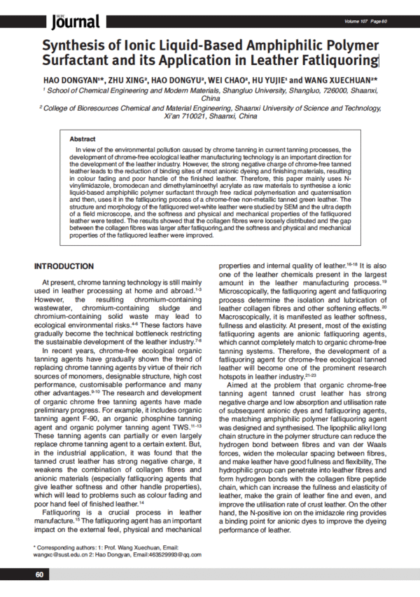 Synthesis of Ionic Liquid-Based Amphiphilic Polymer Surfactant and its Application in Leather Fatliquoring