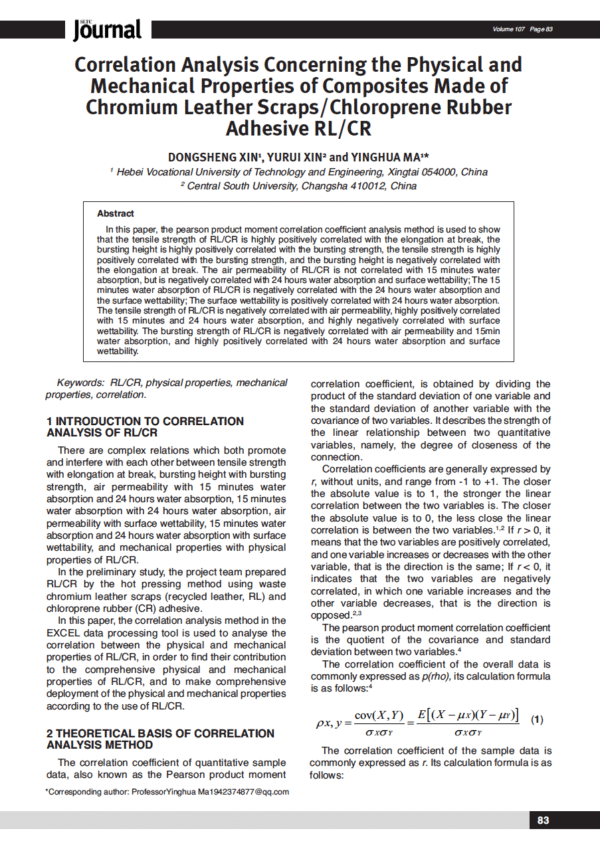 Correlation Analysis Concerning the Physical and Mechanical Properties of Composites Made of Chromium Leather Scraps/Chloroprene Rubber Adhesive RL/CR
