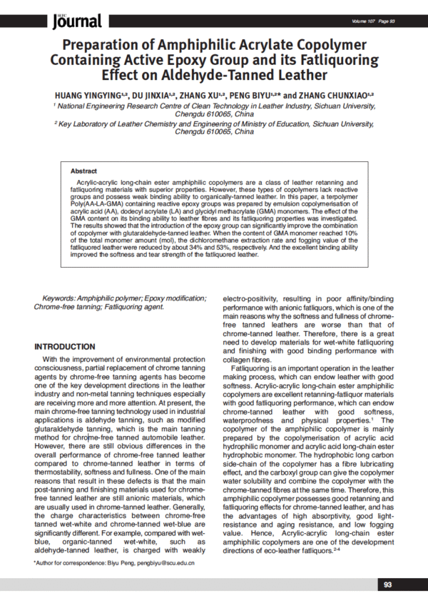 Preparation of Amphiphilic Acrylate Copolymer Containing Active Epoxy Group and its Fatliquoring Effect on Aldehyde-Tanned Leather