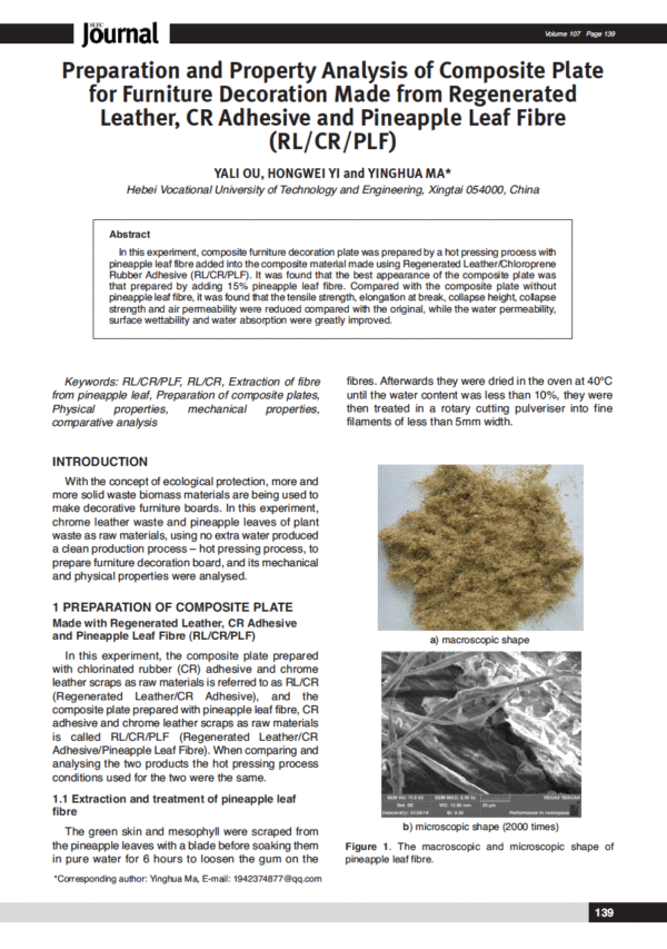 Preparation and Property Analysis of Composite Plate for Furniture Decoration Made from Regenerated Leather, CR Adhesive and Pineapple Leaf Fibre (RL/CR/PLF)