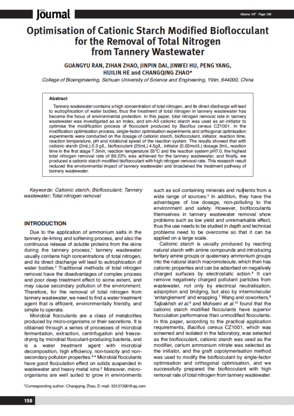 Optimisation of Cationic Starch Modified Bioflocculant for the Removal of Total Nitrogen from Tannery Wastewater