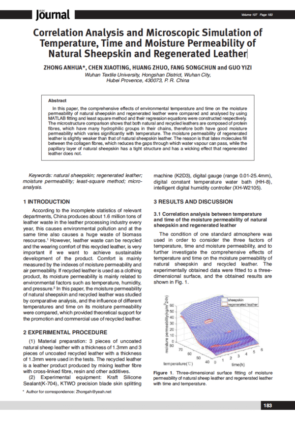 Correlation Analysis and Microscopic Simulation of Temperature, Time and Moisture Permeability of Natural Sheepskin and Regenerated Leather