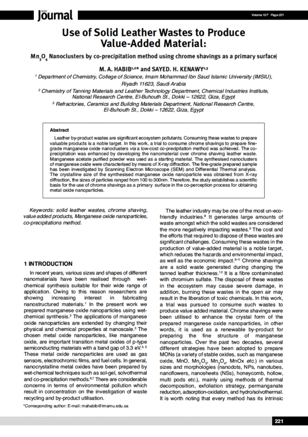 Use of Solid Leather Wastes to Produce Value-Added Material: Mn3O4 Nanoclusters by co-precipitation method using chrome shavings as a primary surface
