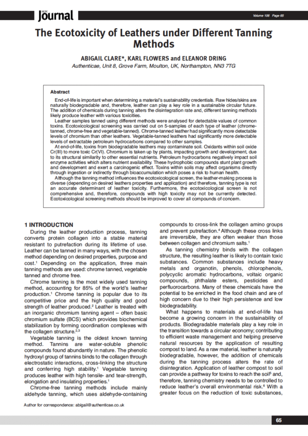 The Ecotoxicity of Leathers under Different Tanning Methods