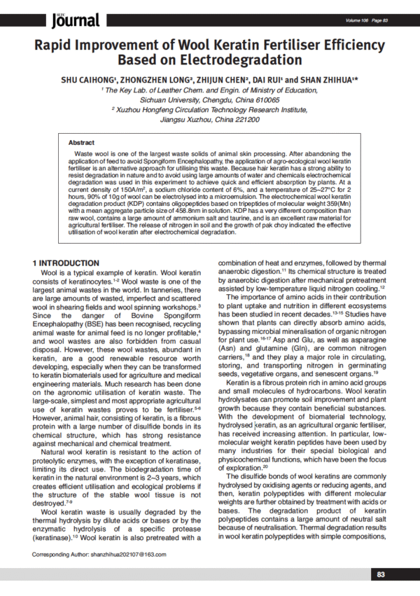 Rapid Improvement of Wool Keratin Fertiliser Efficiency Based on Electrodegradation