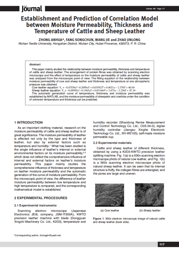 Establishment and Prediction of Correlation Model between Moisture Permeability, Thickness and Temperature of Cattle and Sheep Leather