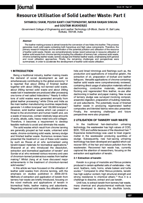 Resource Utilisation of Solid LeatherWaste: Part I