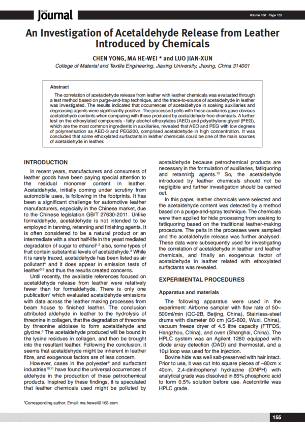 An Investigation of Acetaldehyde Release from Leather Introduced by Chemicals