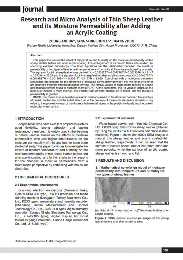 Research and Micro Analysis of Thin Sheep Leather and its Moisture Permeability after Adding an Acrylic Coating