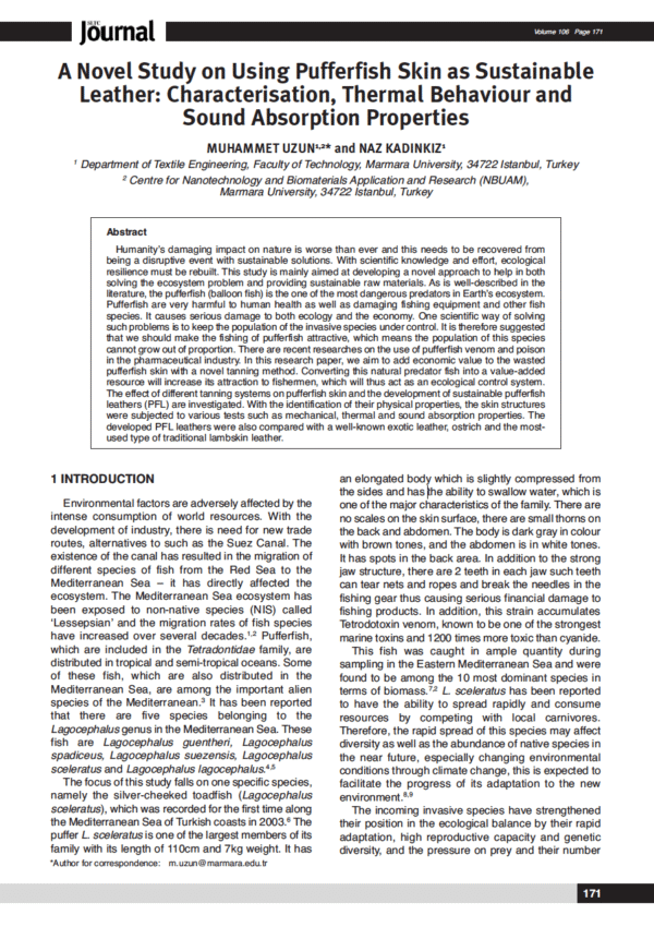 A Novel Study on Using Pufferfish Skin as Sustainable Leather: Characterisation, Thermal Behaviour and Sound Absorption Properties