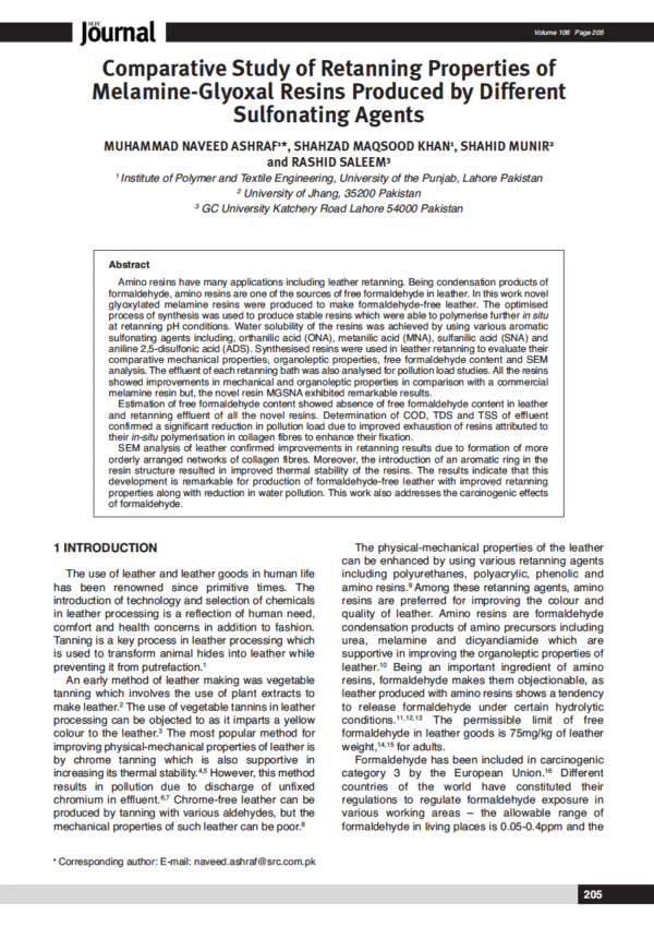 Comparative Study of Retanning Properties of Melamine-Glyoxal Resins Produced by Different Sulfonating Agents