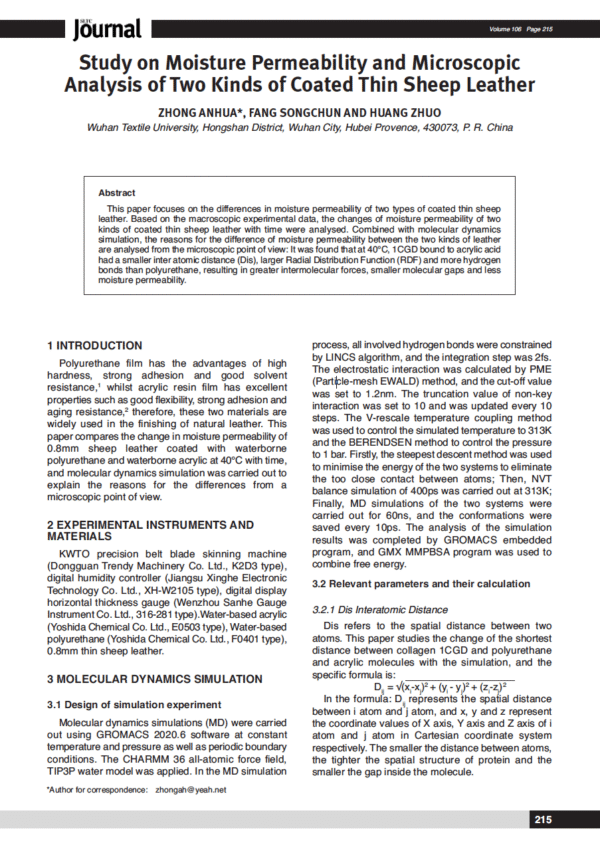 Study on Moisture Permeability and Microscopic Analysis of Two Kinds of Coated Thin Sheep Leather