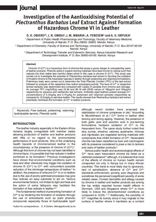 Investigation of the Aantioxidising Potential of Plectranthus Barbatus Leaf Extract Against Formation of Hazardous Chrome VI in Leather