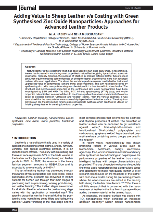 Adding Value to Sheep Leather via Coating with Green Synthesised Zinc Oxide Nanoparticles: Approaches for Advanced Leather Products