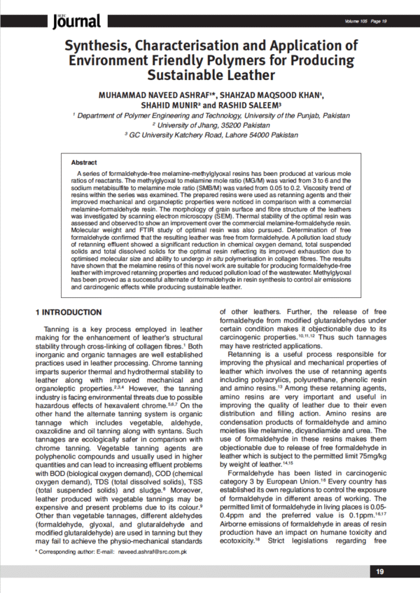 Synthesis, Characterisation and Application of Environment Friendly Polymers for Producing Sustainable Leather