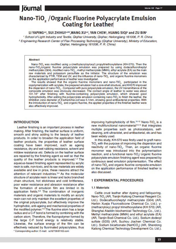 Nano-TiO2 /Organic Fluorine Polyacrylate Emulsion Coating for Leather