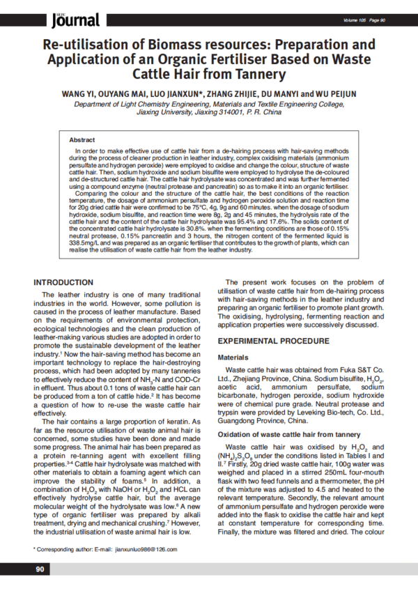 Re-utilisation of Biomass resources: Preparation and Application of an Organic Fertiliser Based on Waste Cattle Hair from Tannery