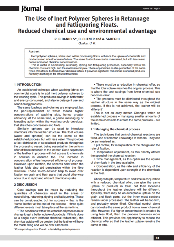 The Use of Inert Polymer Spheres in Retannage and Fatliquoring Floats. Reduced chemical use and environmental advantage