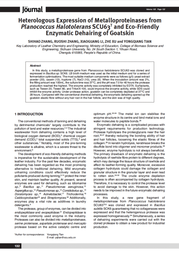 Heterologous Expression of Metalloproteinases from Planococcus Halotolerans SCU63T and Eco-Friendly Enzymatic Dehairing of Goatskin