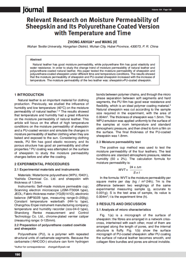 Relevant Research on Moisture Permeability of Sheepskin and Its Polyurethane Coated Version with Temperature and Time