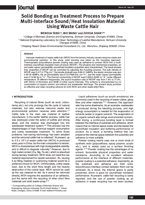 Solid Bonding as Treatment Process to Prepare Multi-Interface Sound/Heat Insulation Material Using Waste Cattle Hair