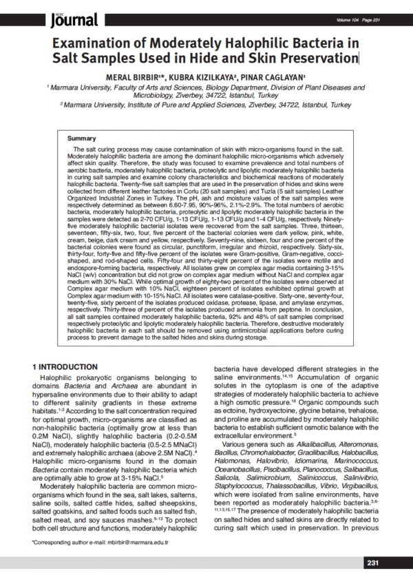 Examination of Moderately Halophilic Bacteria in Salt Samples Used in Hide and Skin Preservation