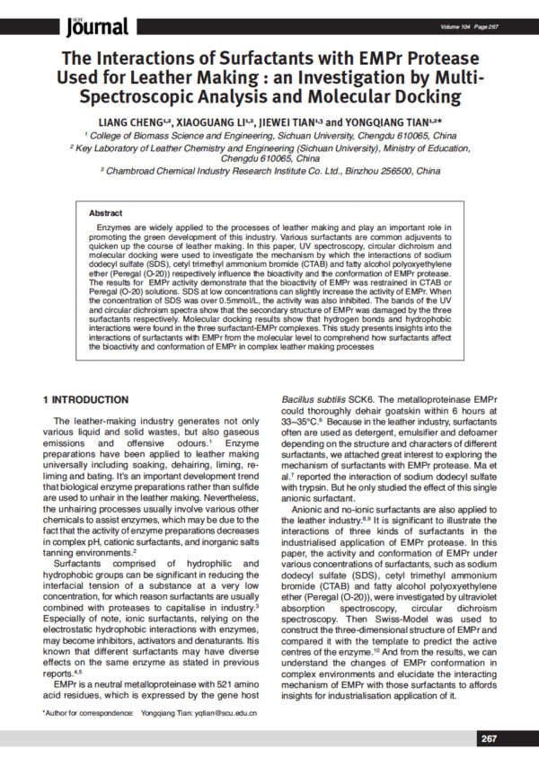 The Interactions of Surfactants with EMPr Protease Used for Leather Making : an Investigation by Multi- Spectroscopic Analysis and Molecular Docking