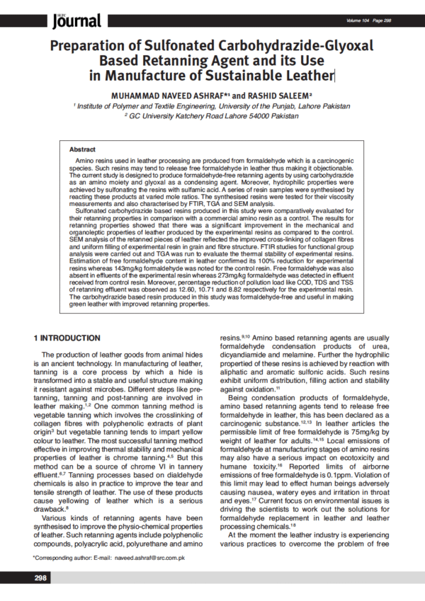 Preparation of Sulfonated Carbohydrazide-Glyoxal Based Retanning Agent and its Use in Manufacture of Sustainable Leather