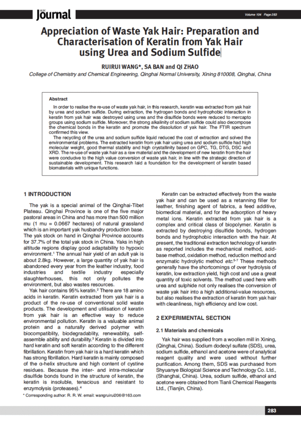 Appreciation of Waste Yak Hair: Preparation and Characterisation of Keratin from Yak Hair using Urea and Sodium Sulfide