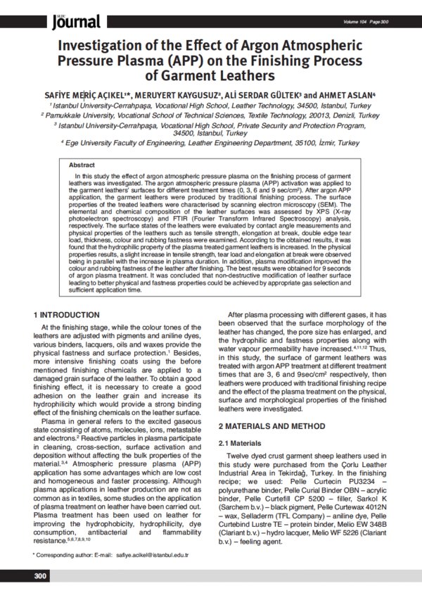 Investigation of the Effect of Argon Atmospheric Pressure Plasma (APP) on the Finishing Process of Garment Leathers