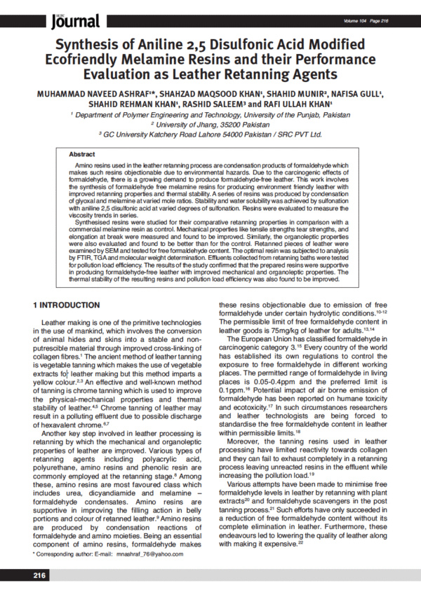 Synthesis of Aniline 2,5 Disulfonic Acid Modified Ecofriendly Melamine Resins and their Performance Evaluation as Leather Retanning Agents