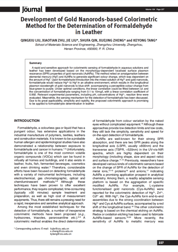 Development of Gold Nanorods-based Colorimetric Method for the Determination of Formaldehyde in Leather