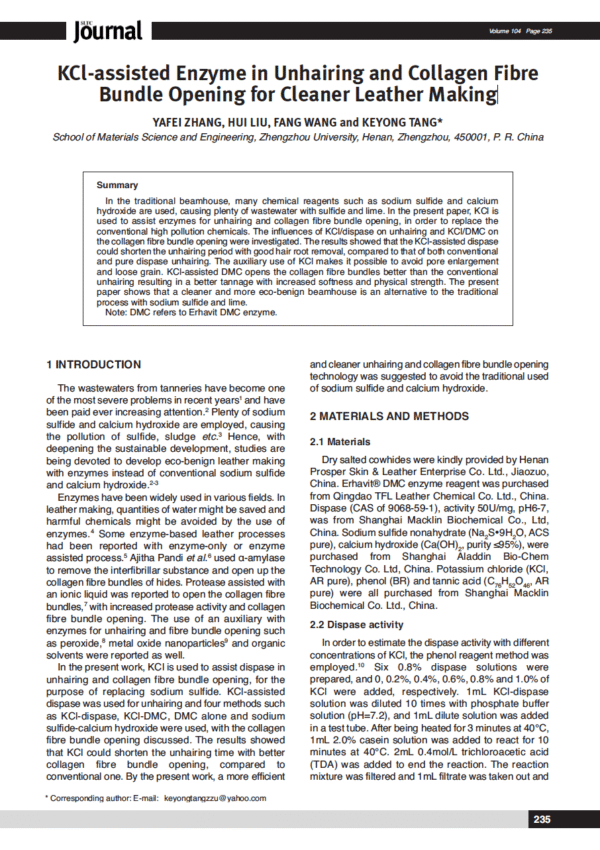 KCl-assisted Enzyme in Unhairing and Collagen Fibre Bundle Opening for Cleaner Leather Making