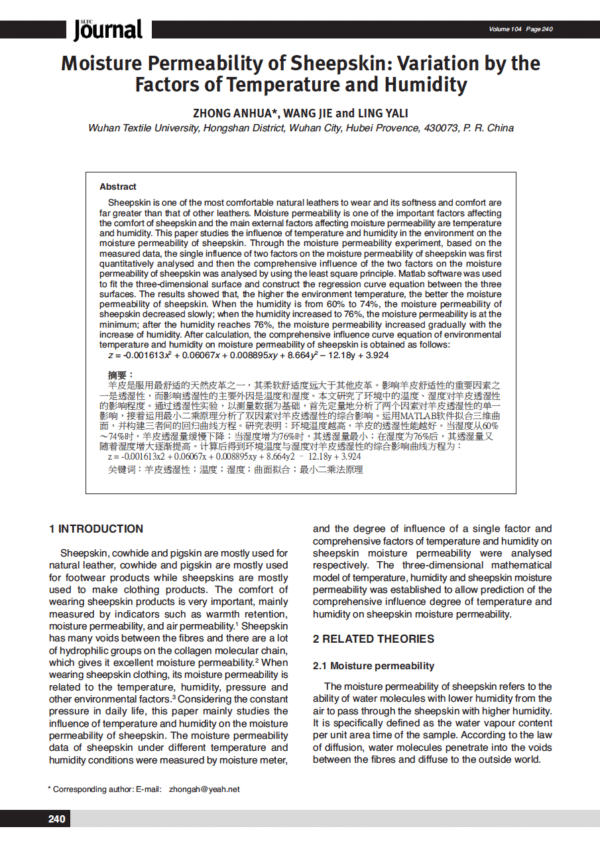 Moisture Permeability of Sheepskin: Variation by the Factors of Temperature and Humidity