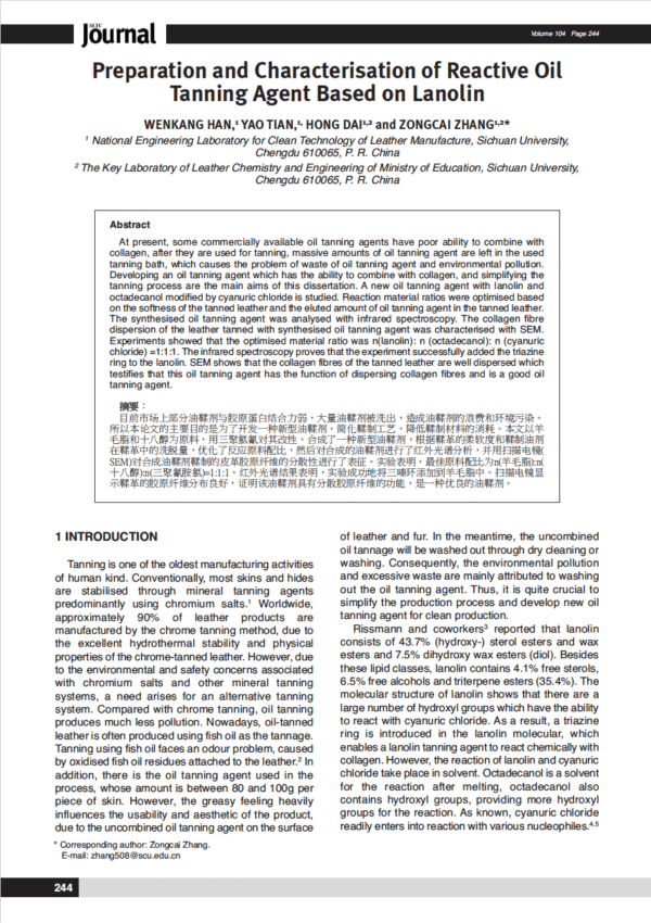 Preparation and Characterisation of Reactive Oil Tanning Agent Based on Lanolin