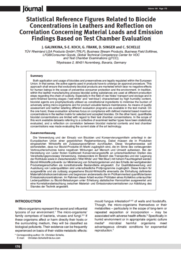 Statistical Reference Figures Related to Biocide Concentrations in Leathers and Reflection on Correlation Concerning Material Loads and Emission Findings Based on Test Chamber Evaluation