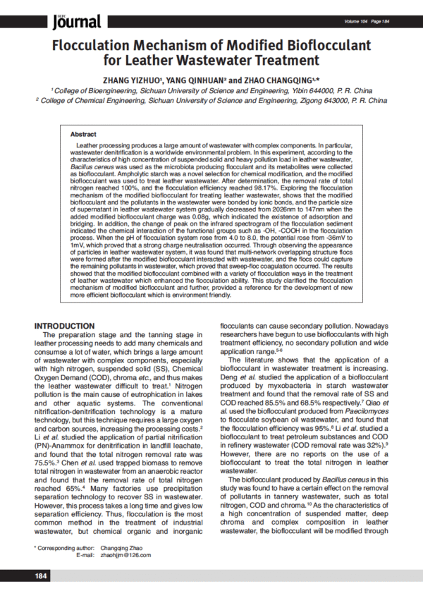 Flocculation Mechanism of Modified Bioflocculant for Leather Wastewater Treatment