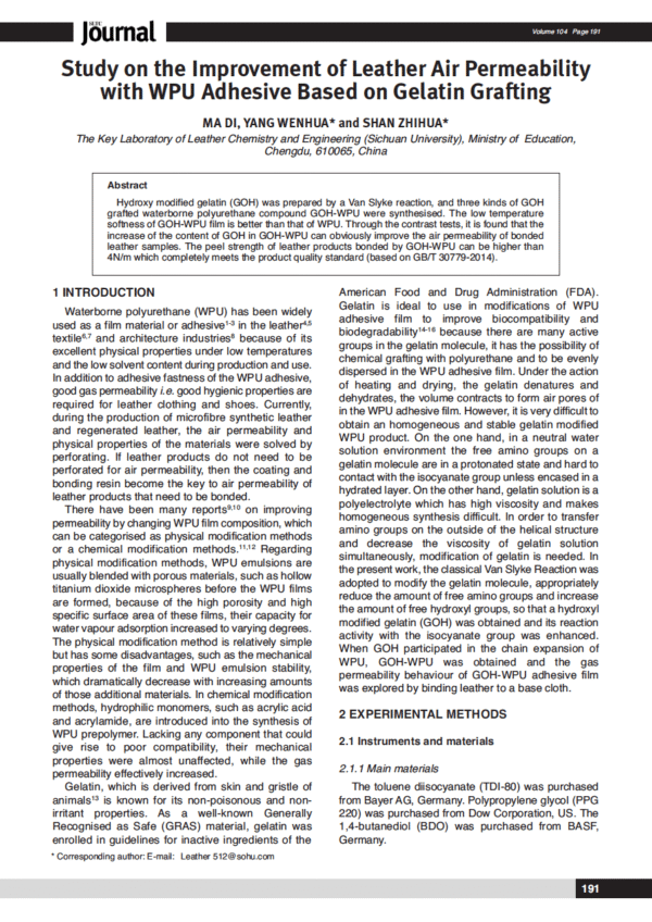 Study on the Improvement of Leather Air Permeability with WPU Adhesive Based on Gelatin Grafting