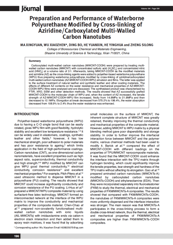 Preparation and Performance of Waterborne Polyurethane Modified by Cross-linking of Aziridine/Carboxylated Multi-Walled Carbon Nanotubes