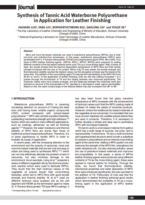 Synthesis of Tannic Acid Waterborne Polyurethane in Application for Leather Finishing
