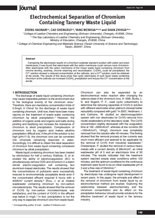 Electrochemical Separation of Chromium Containing Tannery Waste Liquid